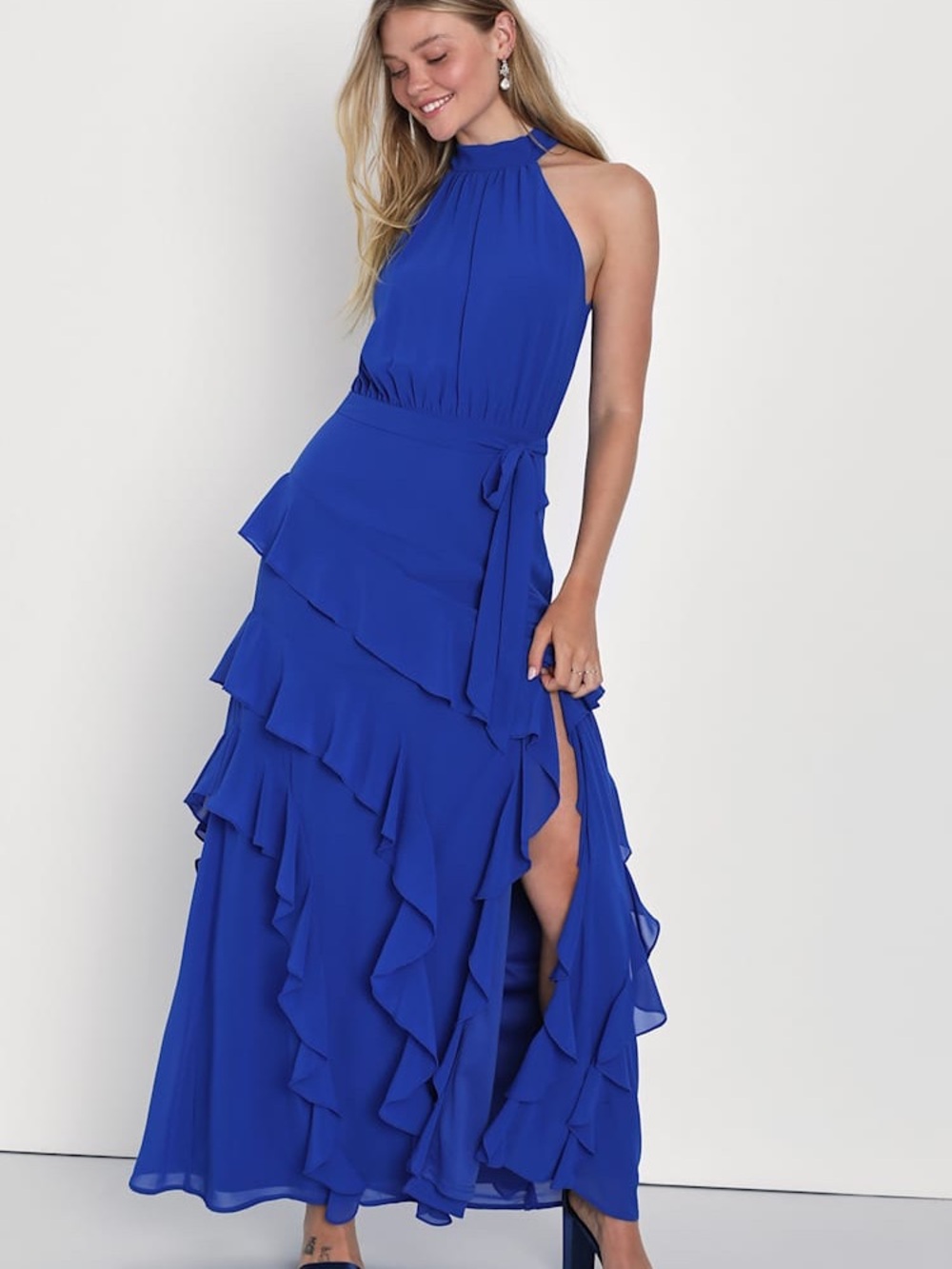 Lulu's Cobalt Blue Halter Ruffle Maxi Dress